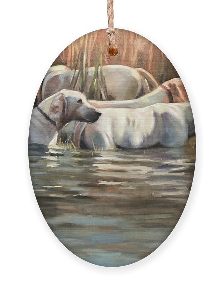 Hounds Dogs Painting Portrait Foxhounds Water Contemporary Ornament featuring the painting Skinny Dipping by Susan Bradbury