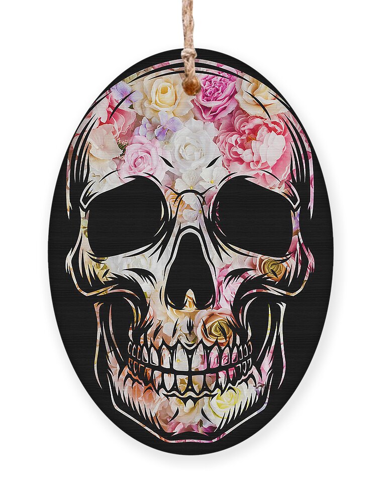 Skull Ornament featuring the painting Skull Flowers Floral T-Shirt by Tony Rubino