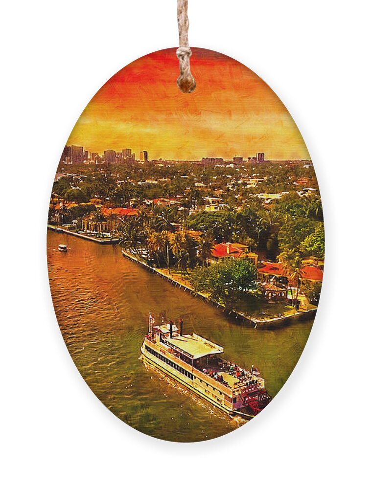 Florida Ornament featuring the digital art Skyline of downtown Fort Lauderdale seen from the New River at sunset - oil painting by Nicko Prints
