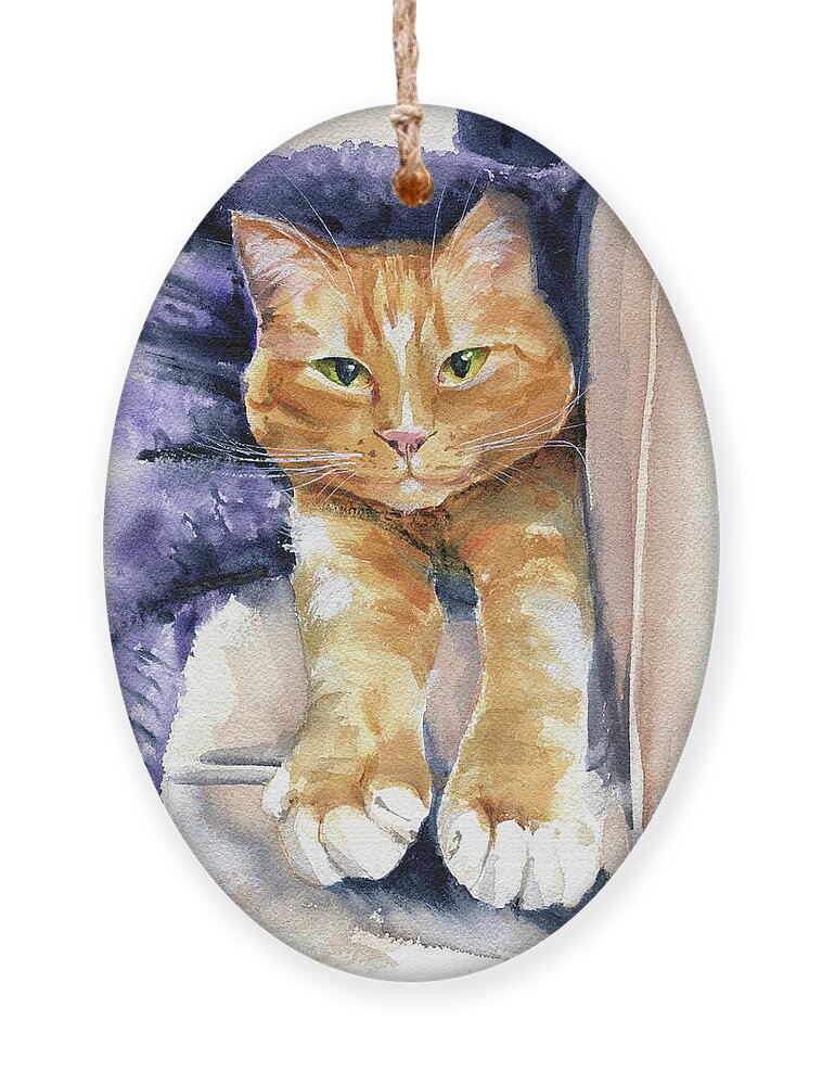 Sleepy Kitten Ornament featuring the painting Sleepy Ginger Kitty Painting by Dora Hathazi Mendes