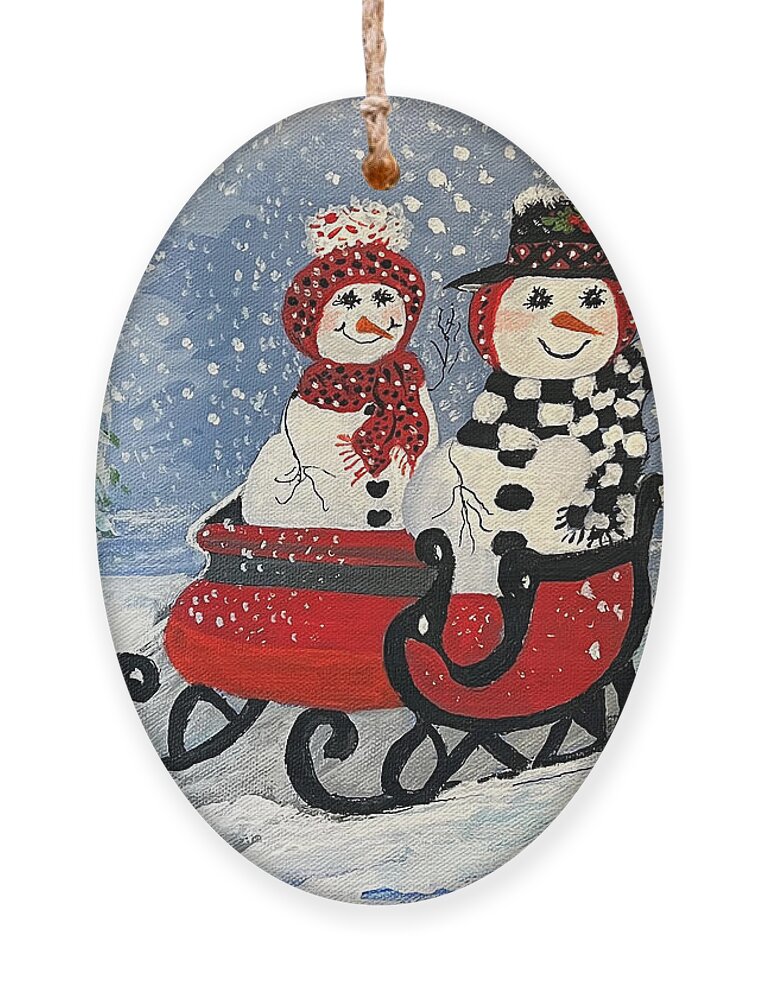 Snowman Ornament featuring the painting Sleighride in the Snow by Juliette Becker
