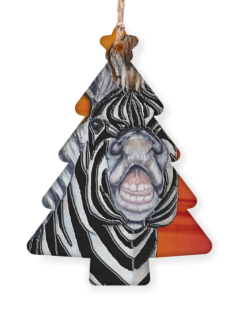 Zebra Ornament featuring the mixed media Smiling Zebra in Orange by Kelly Mills