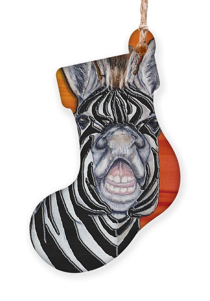Zebra Ornament featuring the mixed media Smiling Zebra in Orange by Kelly Mills
