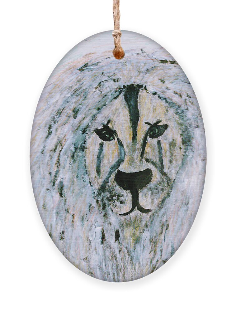 Lion Ornament featuring the mixed media Snow Lion by Anna Adams