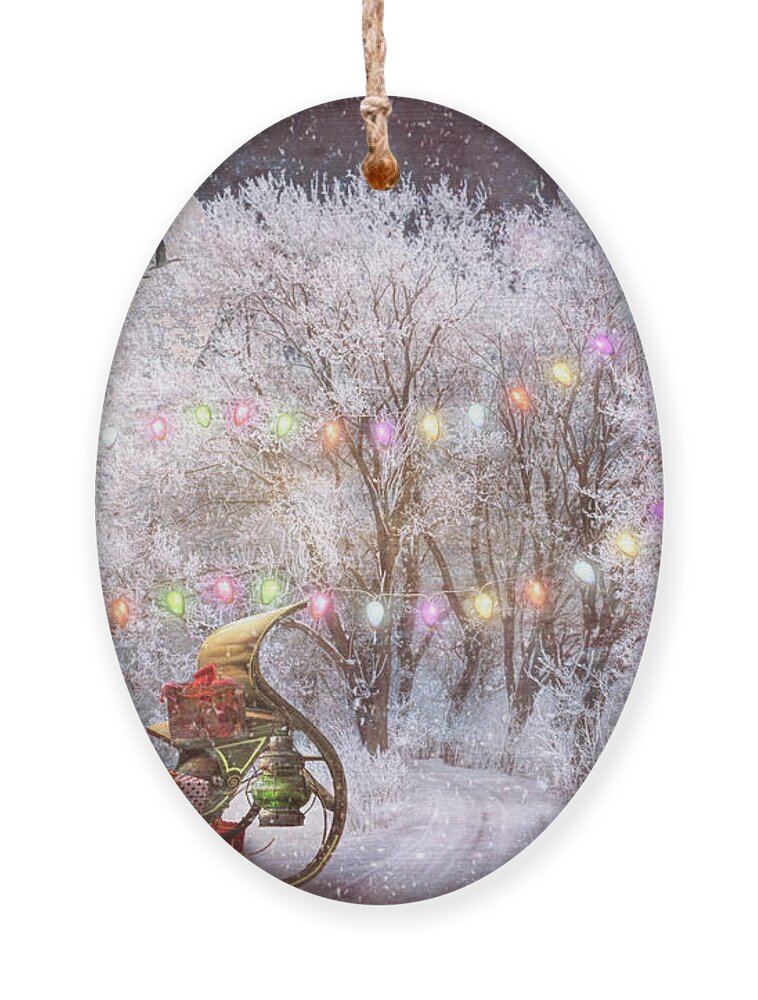 Christmas Ornament featuring the digital art Snowing on Santa's Sled in Vintage Colors by Debra and Dave Vanderlaan