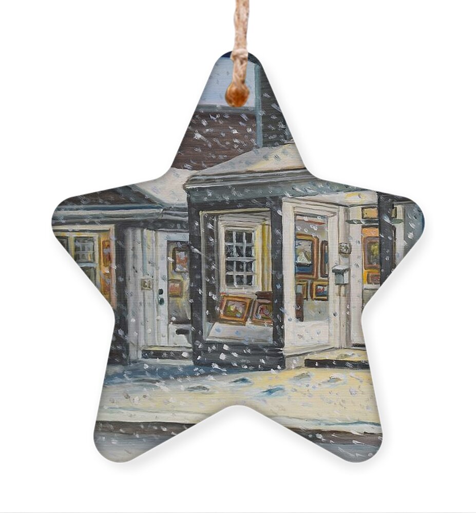 Snow Ornament featuring the painting Snowy Evening At The Gallery by Eileen Patten Oliver