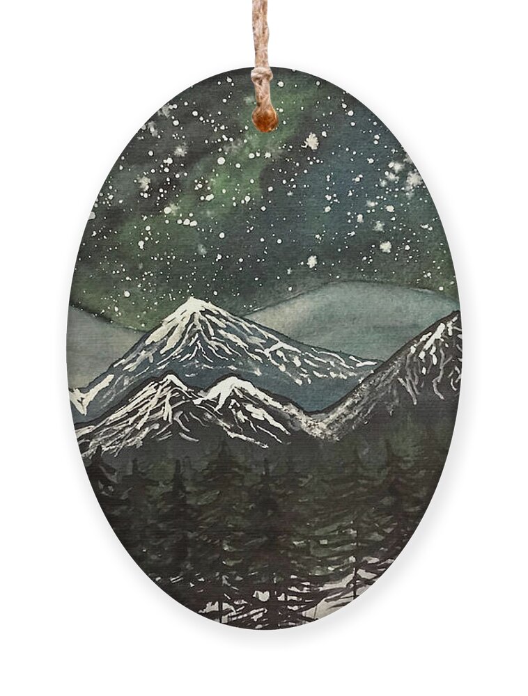 Snowy Mountains Ornament featuring the painting Snowy Mountains with Aurora by Lisa Neuman