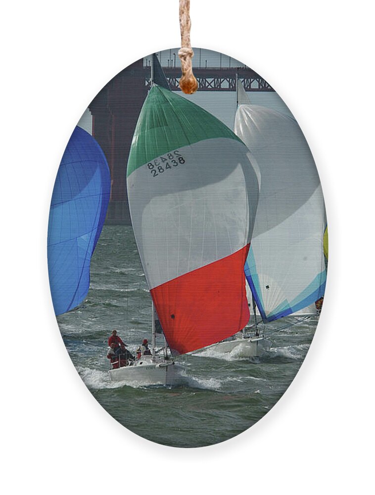 Spinnakers Ornament featuring the photograph Spinnakers Under the Golden Gate by Bonnie Colgan