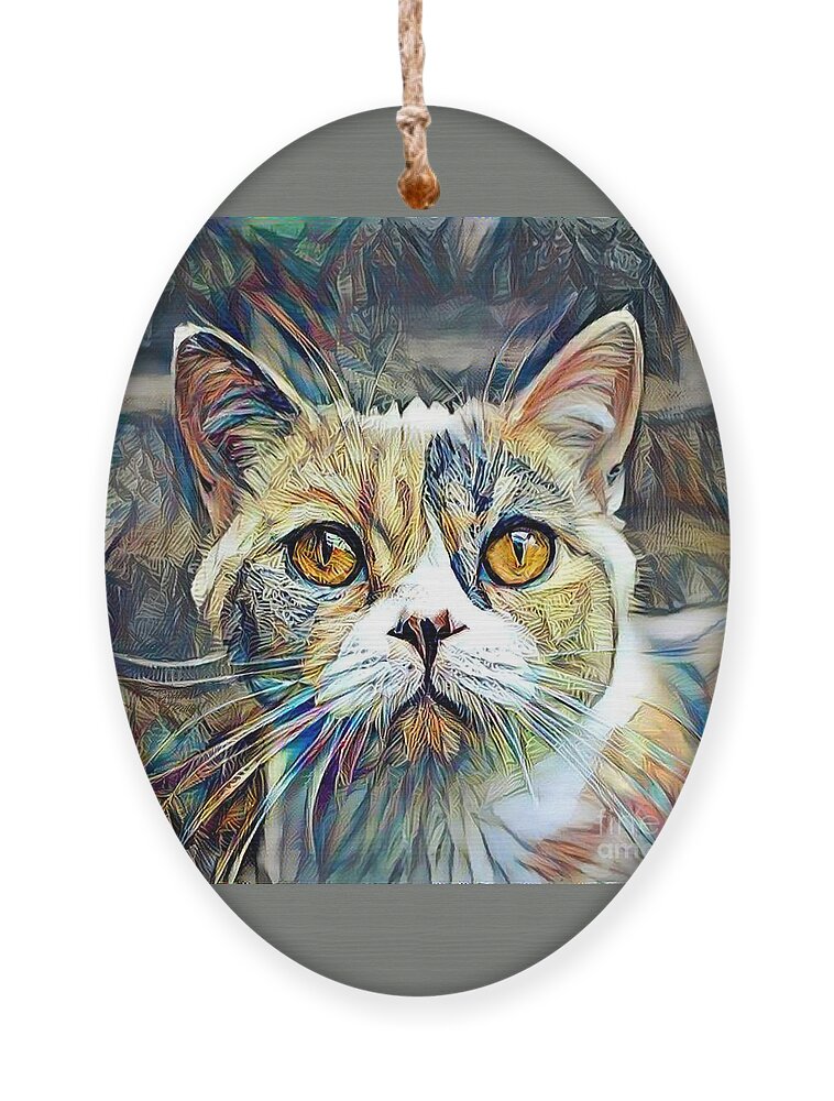 Cat Ornament featuring the mixed media Spotted Cat Portrait Abstract by Sandi OReilly