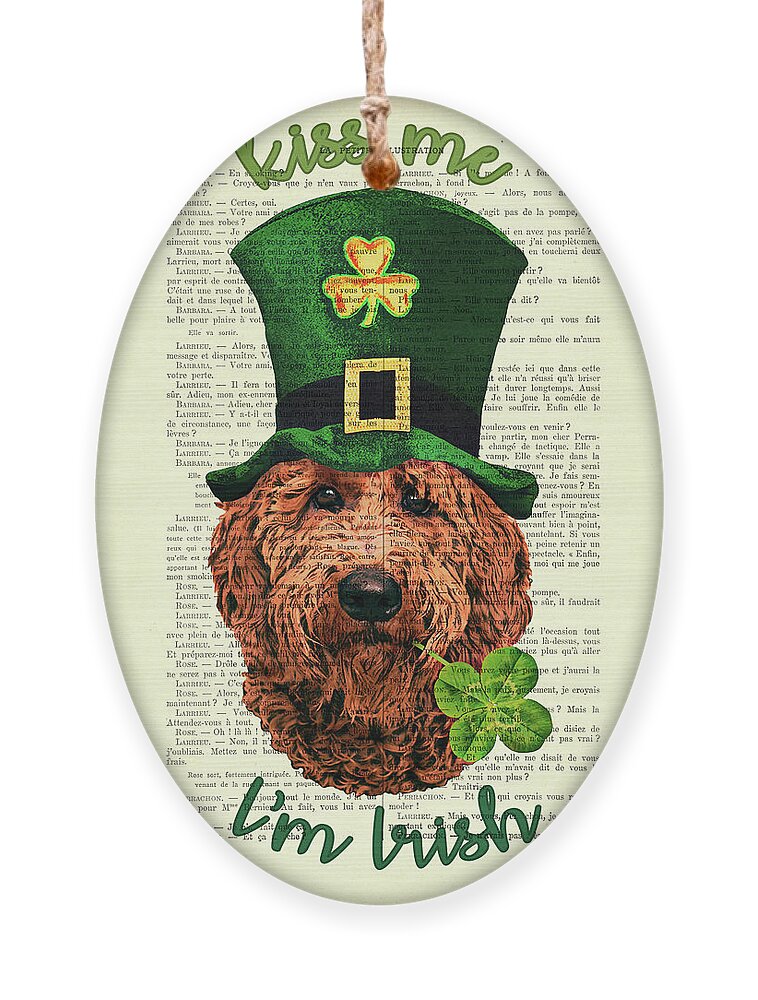 Irish Doodle Ornament featuring the digital art St Patricks Day Irish Doodle dog, Kiss me I'm Irish by Madame Memento