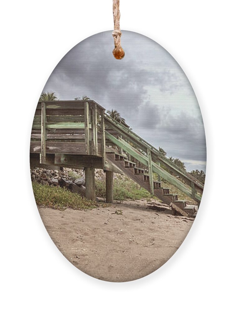 Coastal Ornament featuring the photograph Stairs to the Beach Cottage Panorama by Debra and Dave Vanderlaan