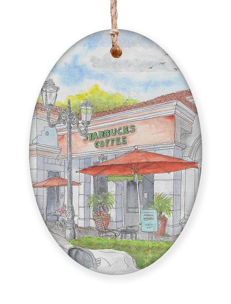 Starbucks Coffee Ornament featuring the painting Starbucks Coffee in The Commons, Calabazas, California by Carlos G Groppa