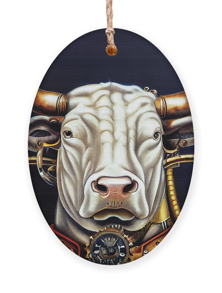 Bull Ornament featuring the digital art Steampunk Animal 15 Bull Portrait by Matthias Hauser