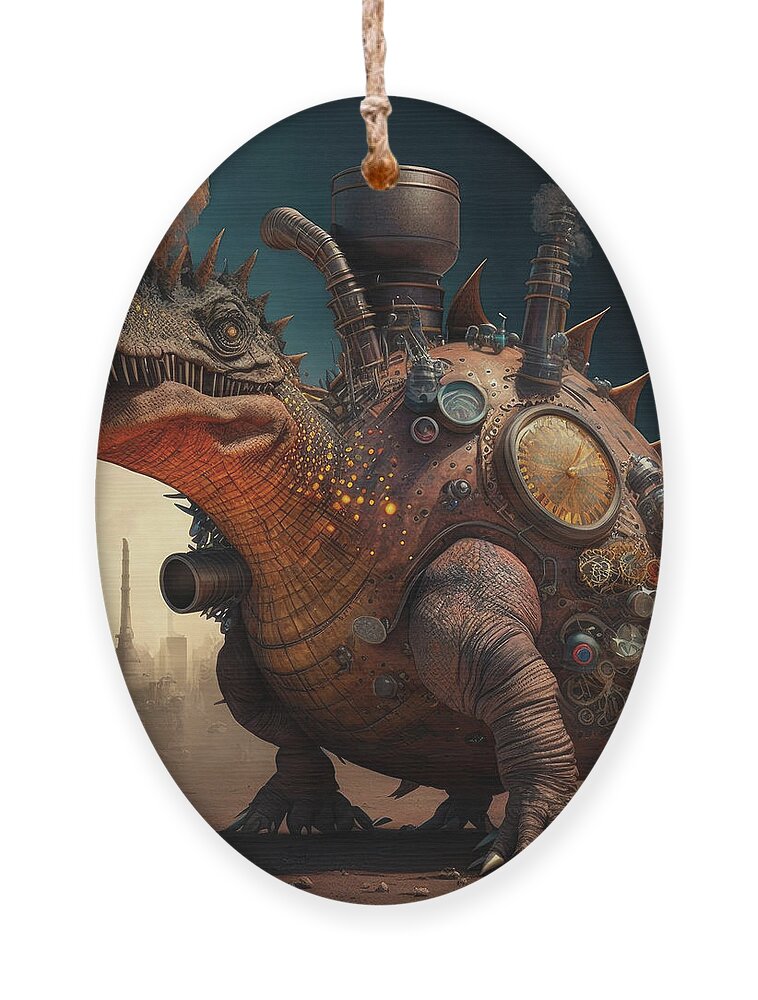 Generative Ornament featuring the photograph Steampunk stegosaur dinosaur with erupting volcano, generative A by Steve Estvanik