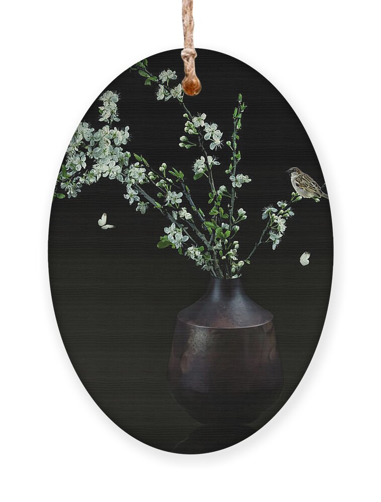Still Life Ornament featuring the digital art Still life white blossom in vase by Marjolein Van Middelkoop