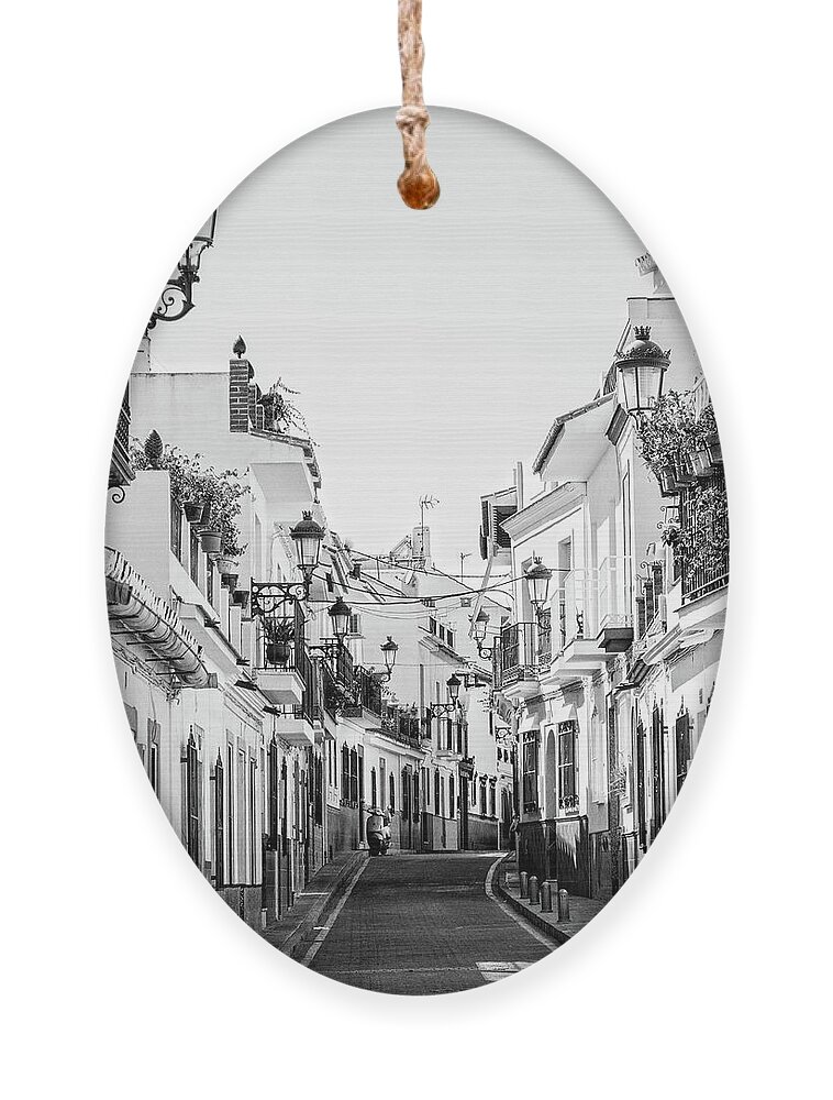 Black And White Ornament featuring the photograph Street in Nerja by Naomi Maya