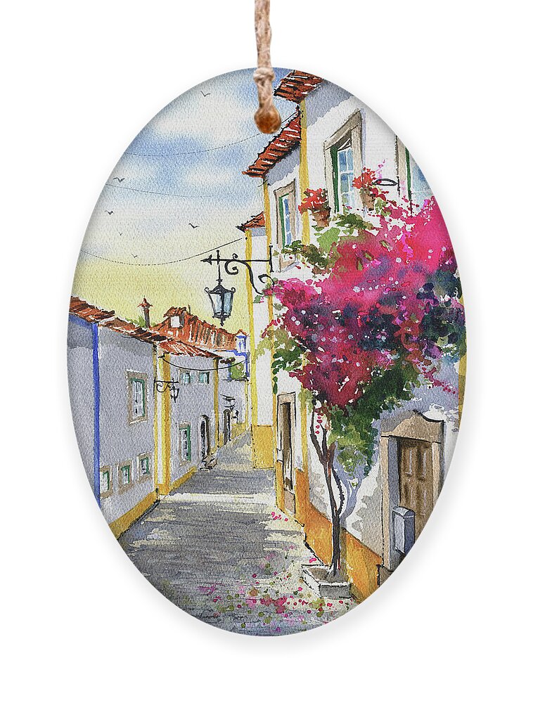 Portugal Ornament featuring the painting Sunny Day In Obidos Portugal Painting by Dora Hathazi Mendes