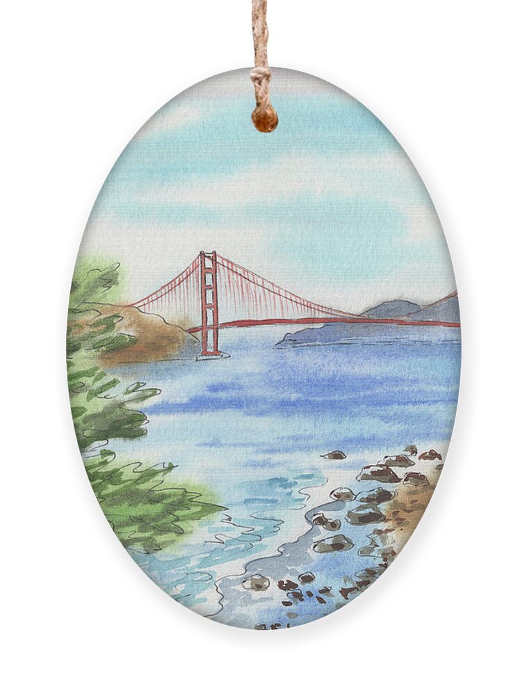 Golden Gate Ornament featuring the painting Sunny Day In San Francisco Bay Golden Gate Bridge Watercolor by Irina Sztukowski