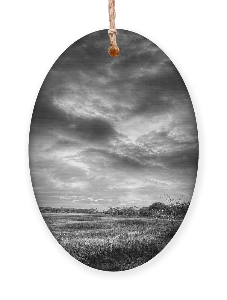 Clouds Ornament featuring the photograph Sunrise Clouds over the Marsh Black and White by Debra and Dave Vanderlaan