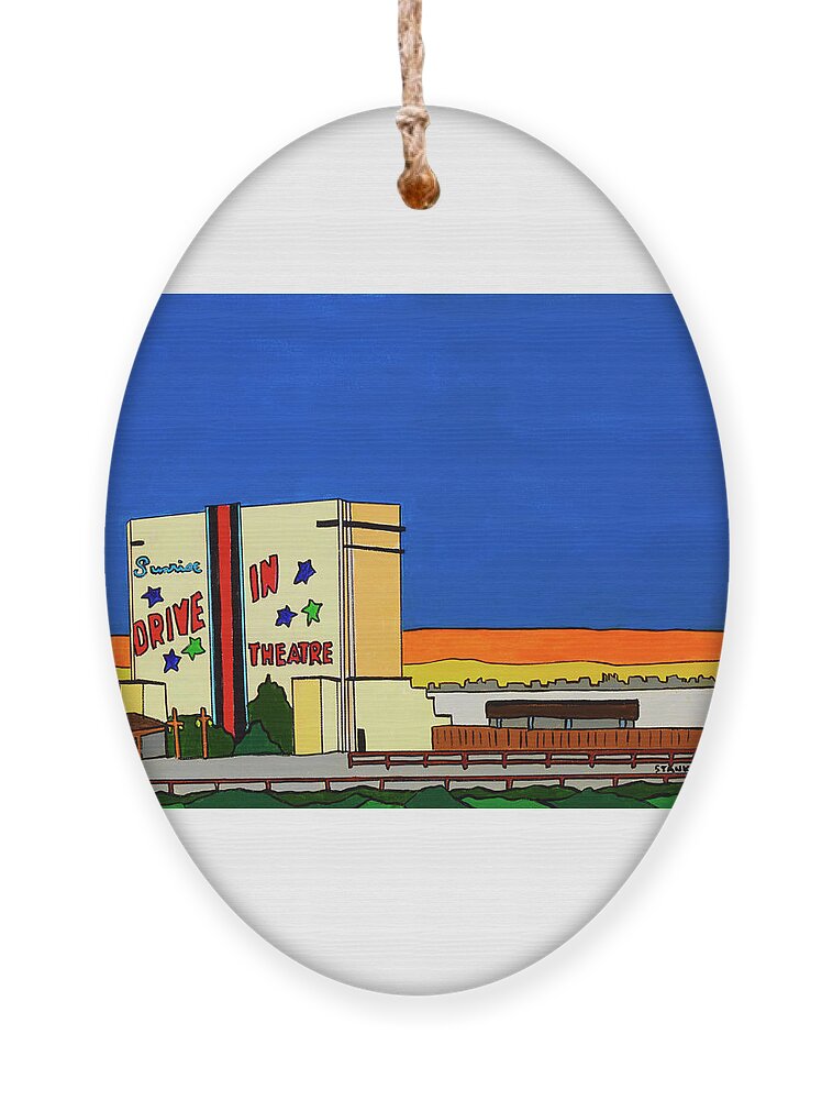 Sunrise Drive-in Valley Stream Movies Ornament featuring the painting Sunrise Drive In by Mike Stanko
