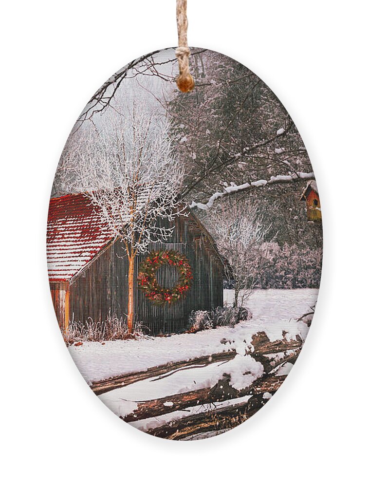 Barn Ornament featuring the photograph Sunset Barn in the Snow by Debra and Dave Vanderlaan