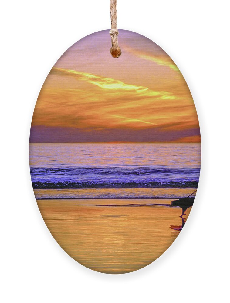 Beautiful Full Sunset Walking The Dog On The Beach Santa Monica Beach Ornament featuring the photograph Beach Sunset Walking Dog by David Zanzinger