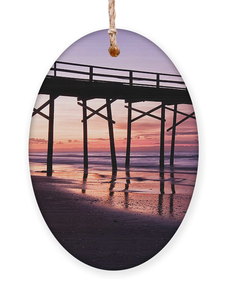 Fishing Pier At Sunset Ornament featuring the photograph Sunset Fishing Pier on North Carolina Coast by Bob Decker