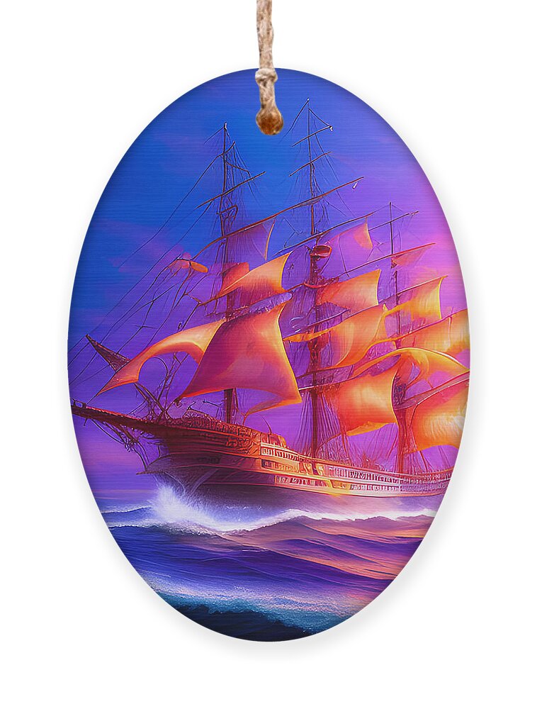 Ghost Ship Ornament featuring the digital art Sunset Ghost Ship by Lisa Pearlman