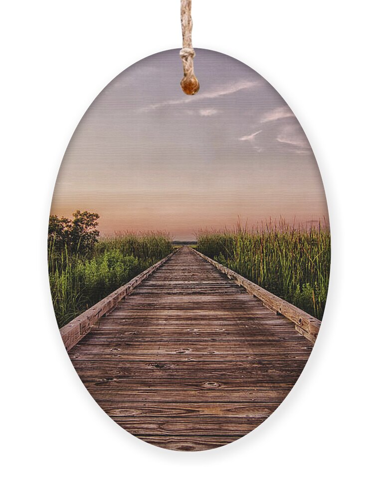 Cottages At Bay Ridge Ornament featuring the photograph Sunset on a Long Dock at Bay Ridge Atlantic Beach North Carolina by Bob Decker