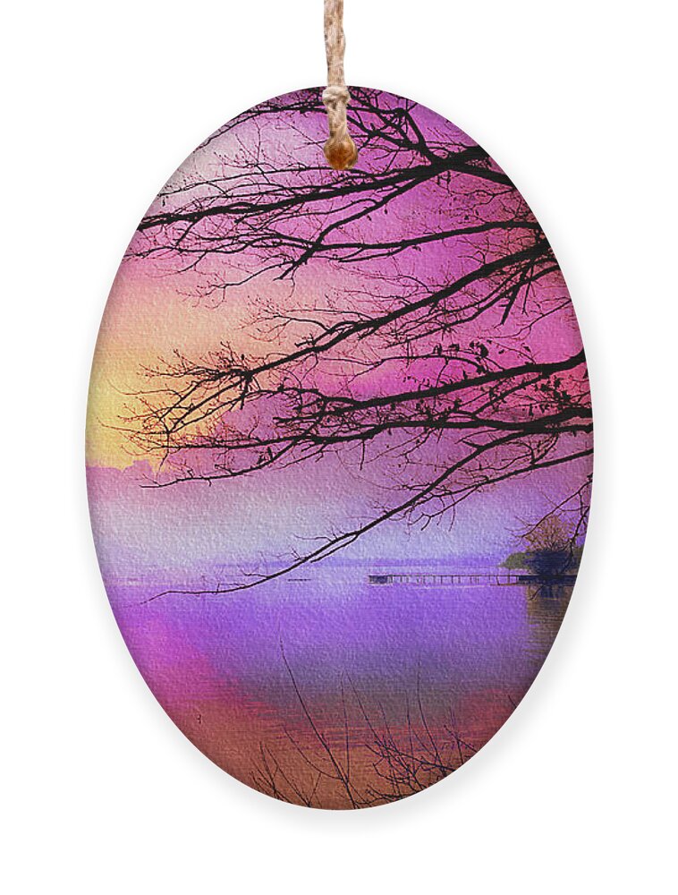 Sunset Ornament featuring the mixed media Sunset on the lake by Tatiana Travelways
