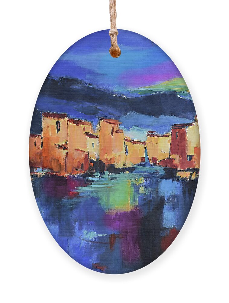 Cinque Terre Ornament featuring the painting Sunset Over the Village by Elise Palmigiani