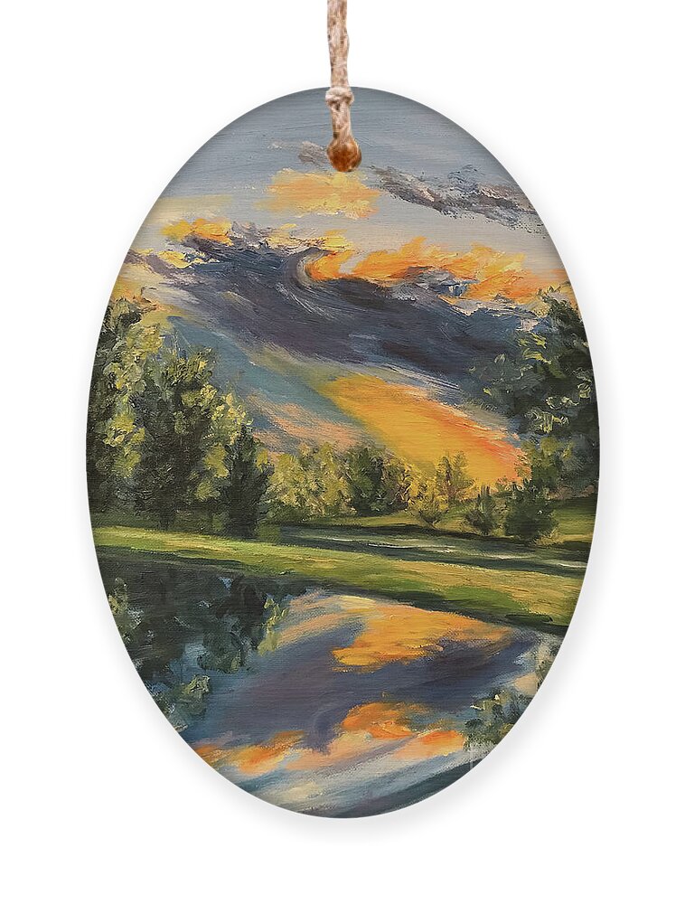 Original Oil Painting Ornament featuring the painting Sunset Reflections by Sherrell Rodgers