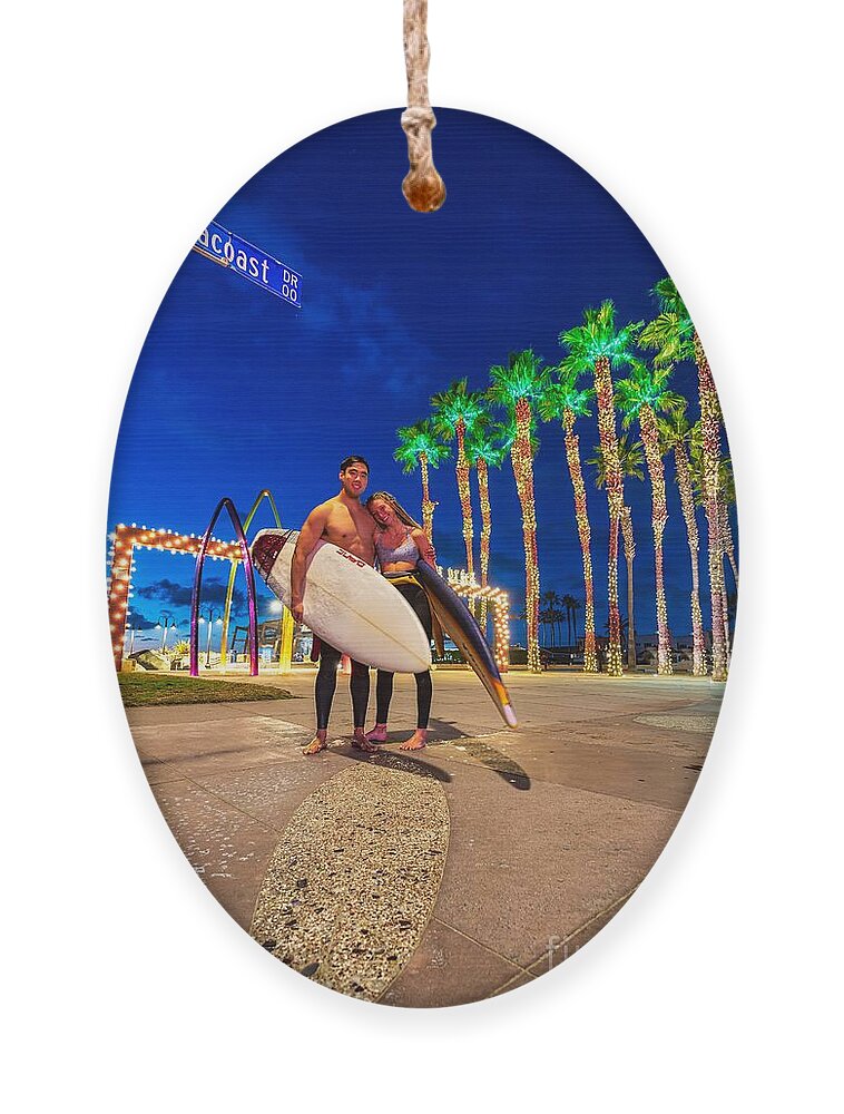 Christmas Ornament Ornament featuring the photograph Surfers at the Imperial Beach Pier by Sam Antonio