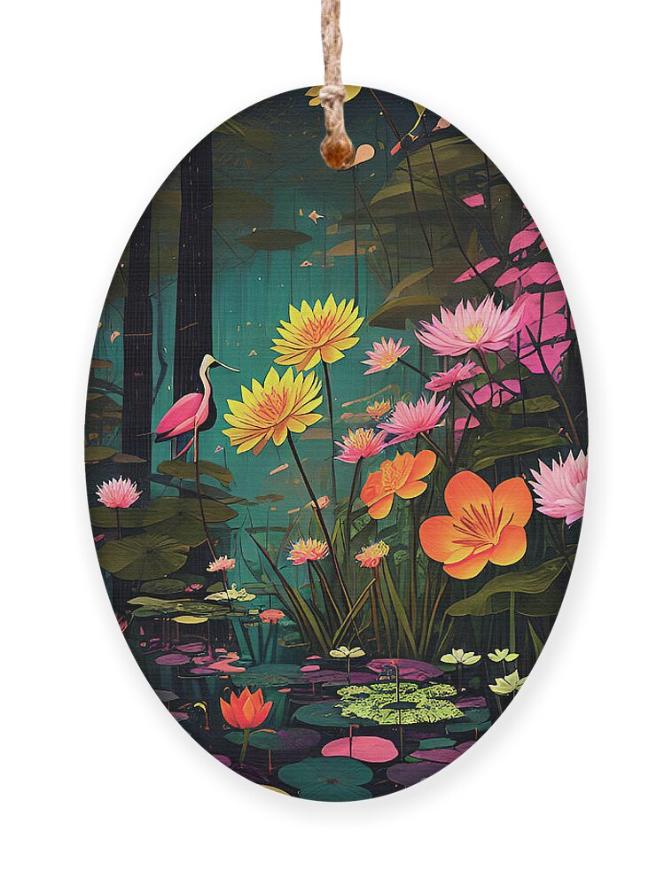 Magical Nature Ornament featuring the digital art Swamp Magic Flowers Birds Black Water Lily Pads by Ginette Callaway