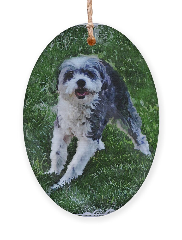Terrier Ornament featuring the digital art Sweet Playful Terrier Dog with Friendly Smile by Gaby Ethington