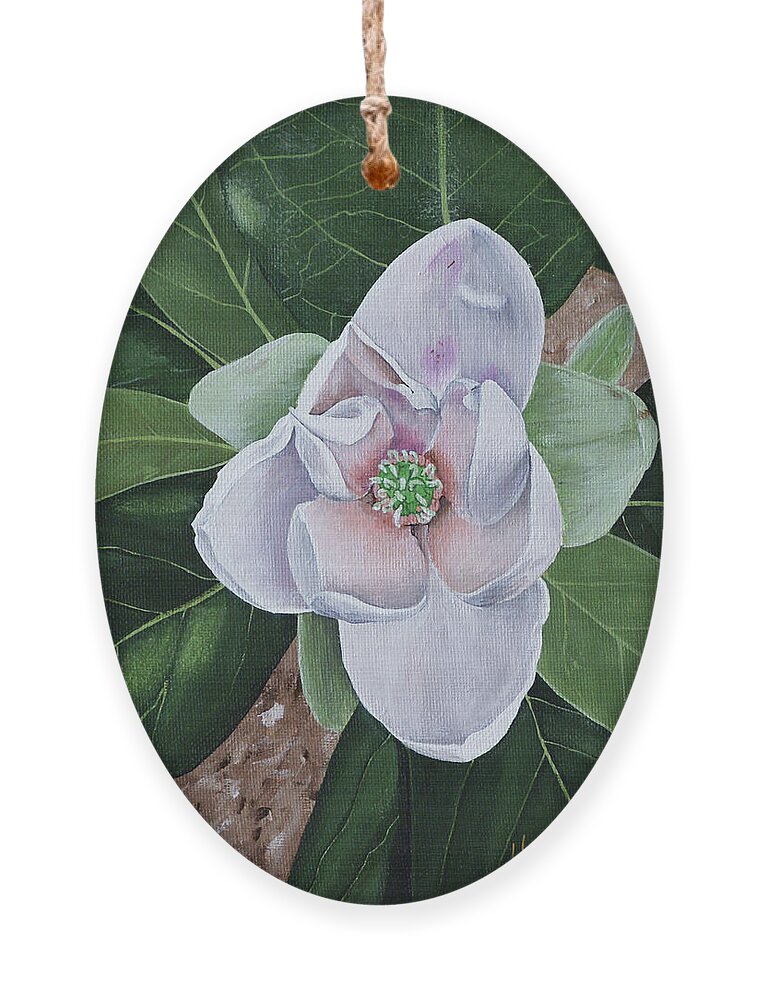 Sweetbay Magnolia Ornament featuring the painting Sweetbay Magnolia by Heather E Harman