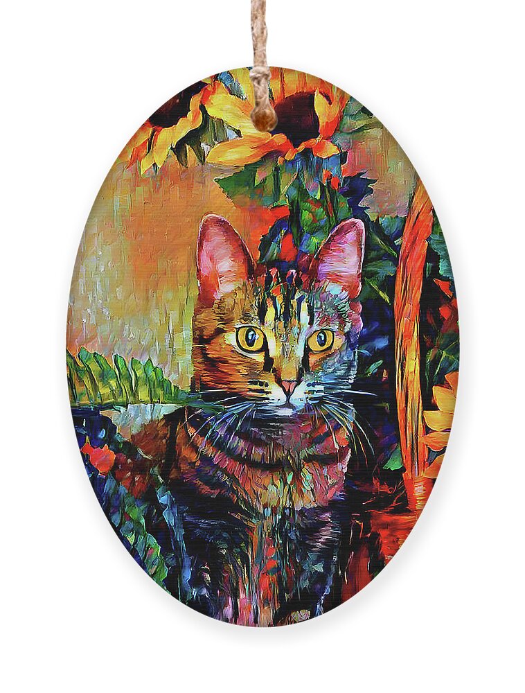 Bengal Cat Ornament featuring the digital art Bengal Tabby Cat with Sunflowers - Pepper by Peggy Collins