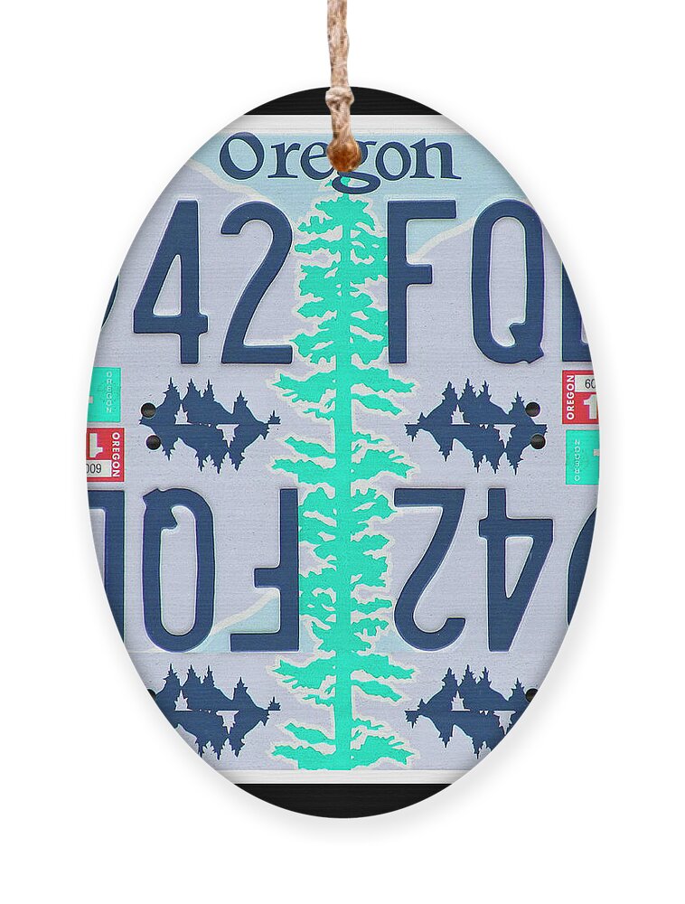 Oregon License Plates Art Ornament featuring the mixed media Tall Oregon Tree Print - Recycled Oregon License Plates Art by Steven Shaver