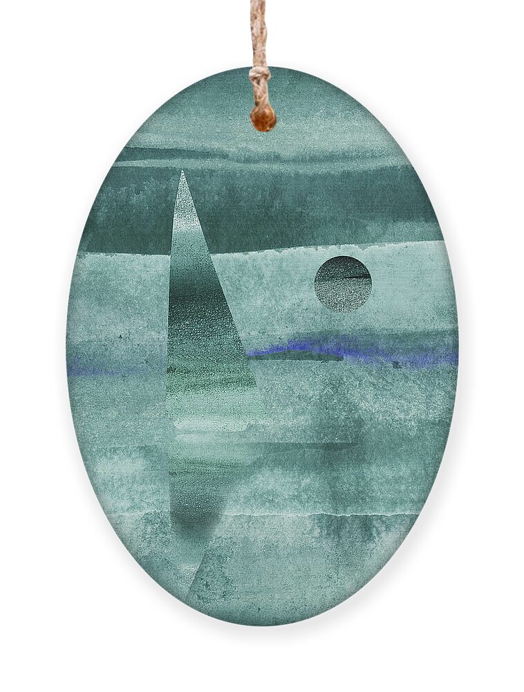 Sailboat Sea Ornament featuring the painting Teal Blue Gray Sailboat At The Ocean Shore Seascape Painting Beach House Art I by Irina Sztukowski