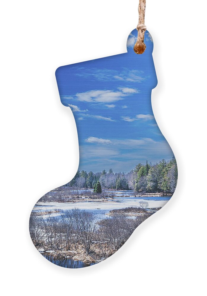 Spring Scene At The Tobie Trail Bridge Ornament featuring the photograph Thawing River by David Patterson