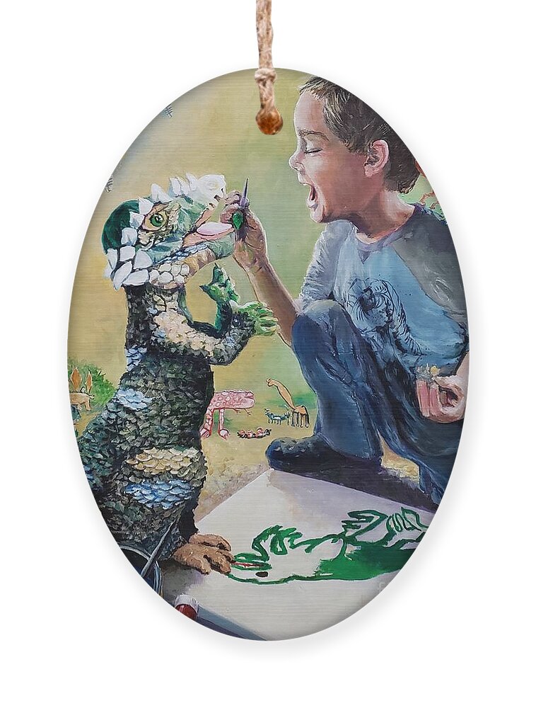 Boy Ornament featuring the painting The Age of Dinosaurs by Merana Cadorette