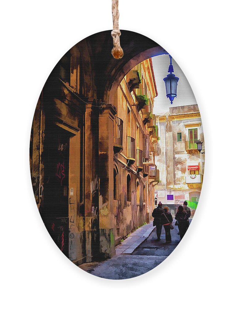 Catania Ornament featuring the photograph The Alley from Teatro Bellini, Catania, Sicily. by Monroe Payne