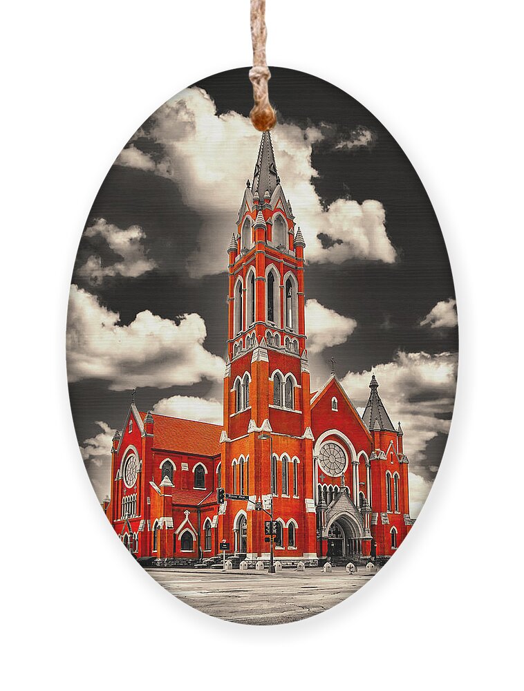Cathedral Shrine Of The Virgin Of Guadalupe Ornament featuring the digital art The Cathedral Shrine of the Virgin of Guadalupe in Dallas, Texas, isolated on black and white by Nicko Prints