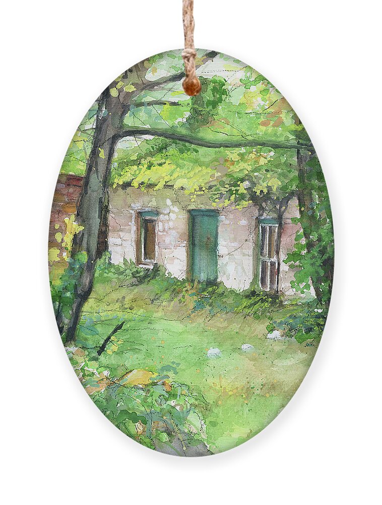 Irish Cottage Ornament featuring the painting The Forge aka The Lonergan Homestead by Rebecca Matthews
