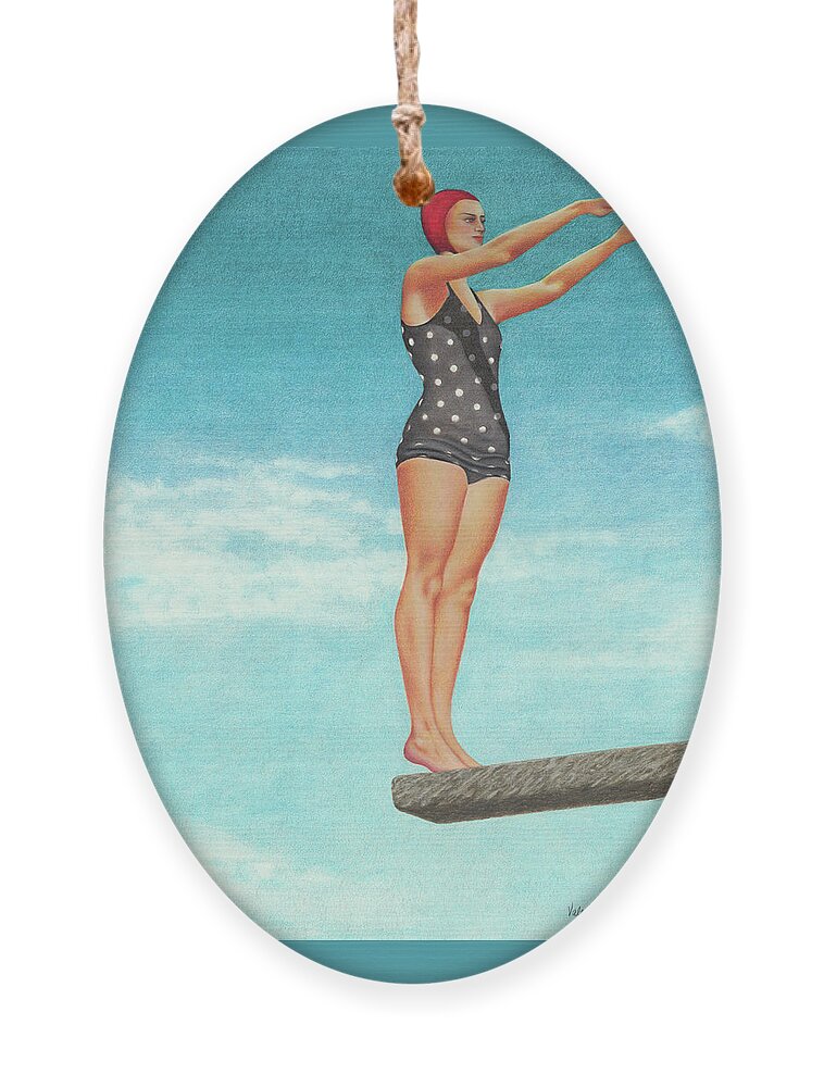 High Dive; Diving Board; Vintage Bathing Beauties; Red Swim Cap; Diving Competitions; Vintage Bathing Suits; Swimming; Polka Dot Swim Suit Ornament featuring the painting The High Dive by Valerie Evans