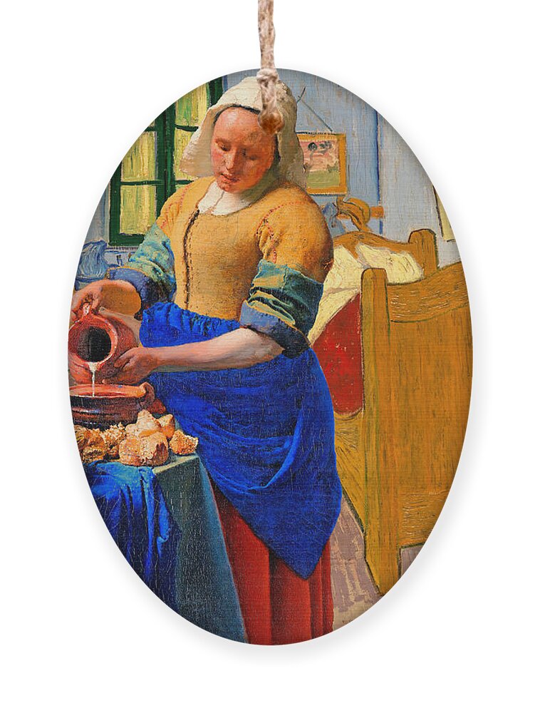 Milkmaid Ornament featuring the digital art The Milkmaid by Johannes Vermeer inside Van Goghs Bedroom in Arles by Nicko Prints