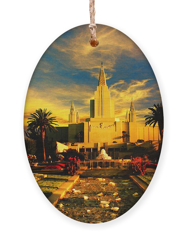 Oakland California Temple Ornament featuring the digital art The Oakland California Temple in sunset light by Nicko Prints