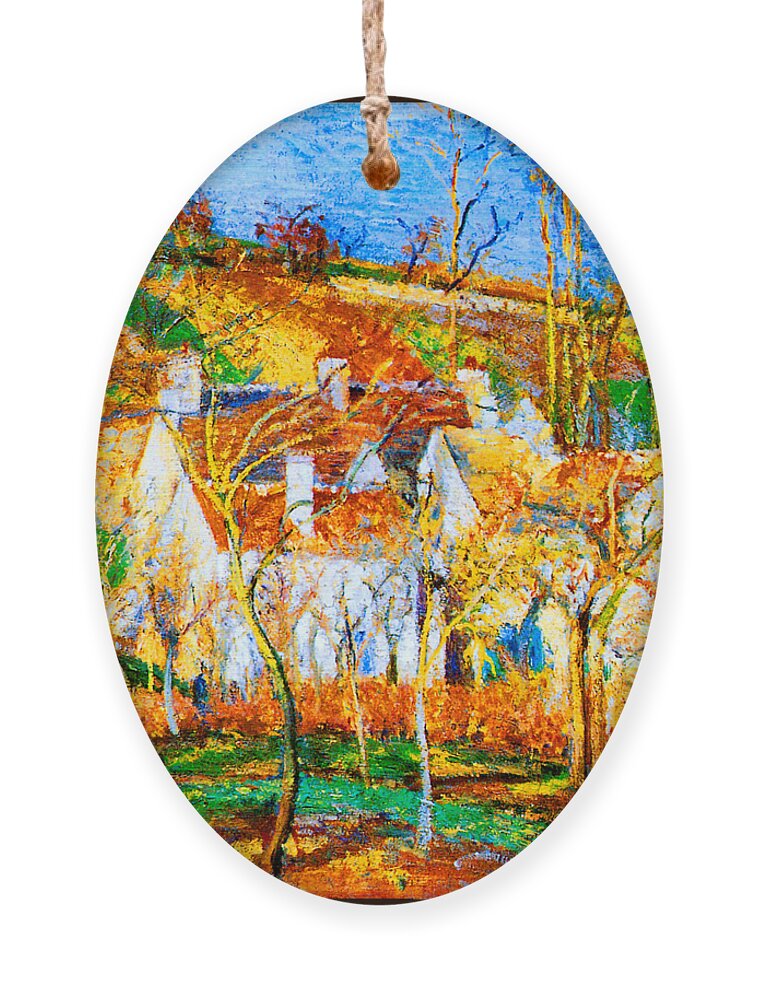 Camille Ornament featuring the painting The Red Roofs, Corner of a Village Winter 1877 by Camille Pissarro