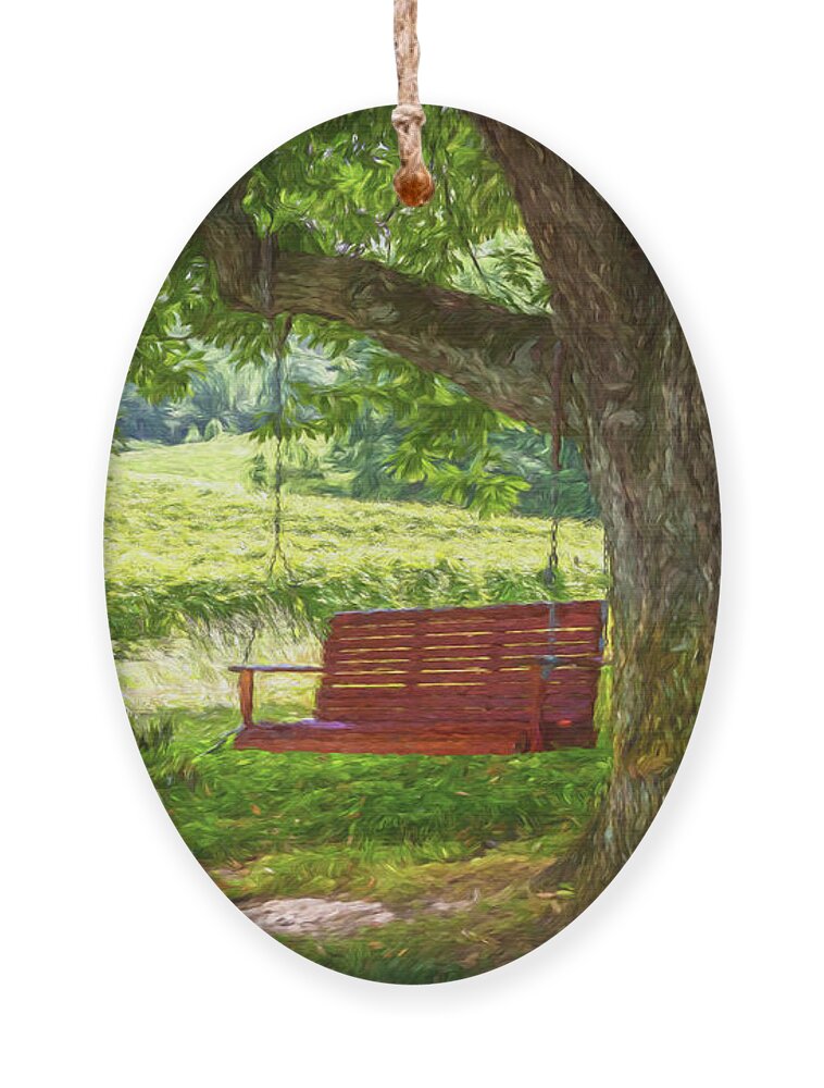 Red Ornament featuring the photograph The Red Swing at Cartecay Painting by Debra and Dave Vanderlaan