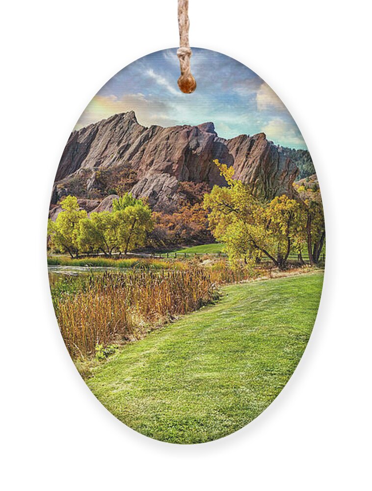 Arrowhead Ornament featuring the photograph The Roxborough Arrowhead Golf Club in Littleton, Colorado- Fall Season In Roxborough State Park Park by Lena Owens - OLena Art Vibrant Palette Knife and Graphic Design